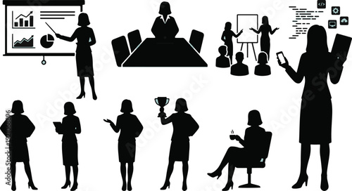 Collection of diverse black silhouettes of professional women engaged in various business activities including presenting data holding a tablet and attending meetings.