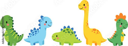Set of five cute, colorful baby dinosaur characters in a friendly flat vector illustration style, perfect for children's books, nursery wall art, birthday invitations, and educational projects.