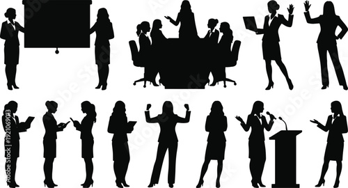 Various businesswomen silhouettes are depicted in a professional setting engaged in diverse activities like presenting, meeting, and speaking.