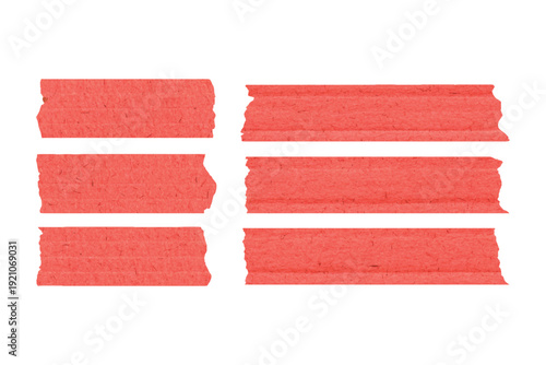 A collection of six red adhesive tape strips arranged in two columns on a plain white background.Red paper masking tape set with wrinkled texture isolated on white background.