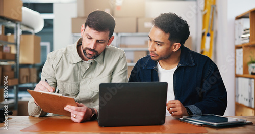 Canvastavla Review, checklist or people in office of small business, sales progress or parcel shipping for logistics