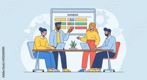 A team of four people collaborating around a table with a presentation screen behind them.