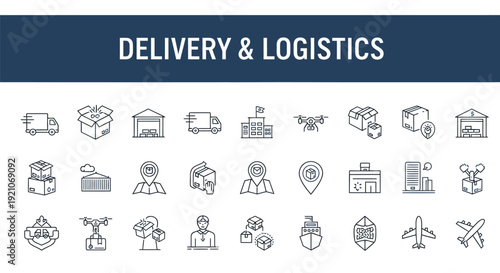 Delivery and logistics icons transportation warehousing and package handling