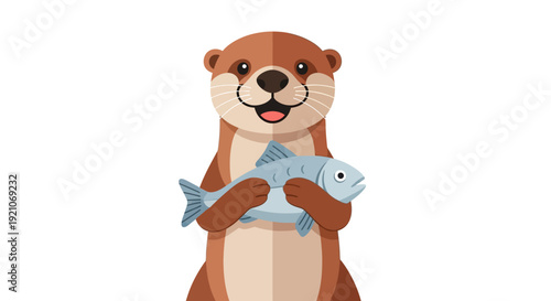 Cartoon Otter Holding Fish Illustration.