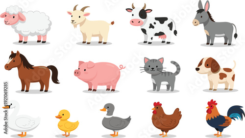 Set of cute farm animal characters featuring a sheep, goat, cow, donkey, horse, pig, cat, dog, swan, duck, and chickens in a flat vector illustration style, ideal for children's books and farm