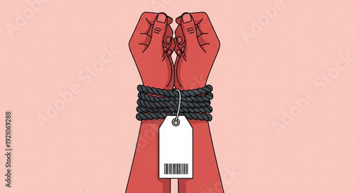 Symbolic illustration of human exploitation, modern slavery, or restricted freedom, featuring tied red hands with a barcode tag, representing commodification and loss of liberty