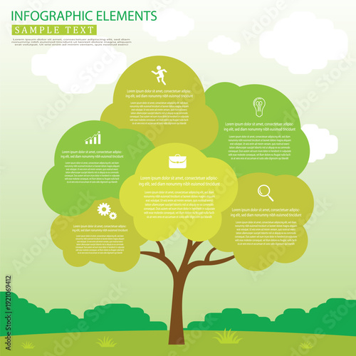 Green Tree Infographic Template with Cloud Shaped Text Areas and Business Icons on Nature Background Vector Illustration.