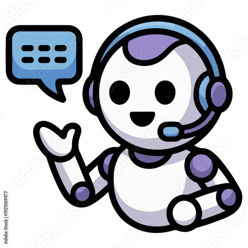 An illustrated robot with a speech bubble is offering assistance and support. The robot has a friendly and approachable design.