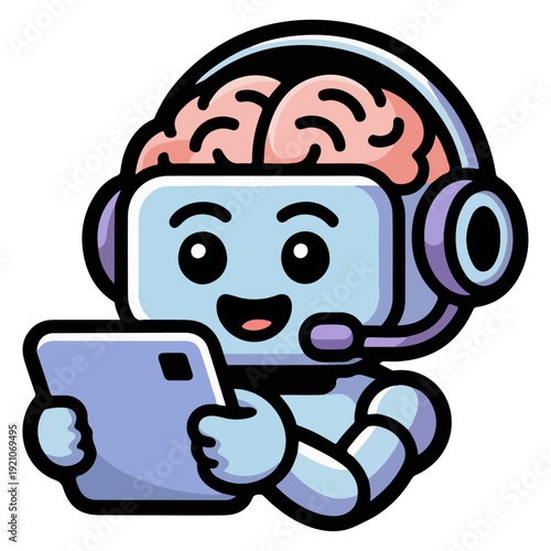 A cheerful robot, depicted with a brain, headset, and tablet, embodies technological innovation and assistance