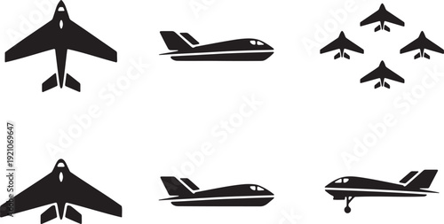 Stealth bomber and fighter jet silhouette set. Military aviation icons including F-22 Raptor and B-2 Spirit. Vector aircraft symbols isolated on tranparent background