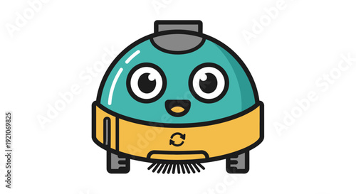 Cartoon Robot Vacuum Cleaner with Smiling Face.