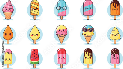 Set of adorable smiling ice cream characters featuring popsicles, cones, and different flavors in a colorful kawaii flat vector illustration style for summer designs.
