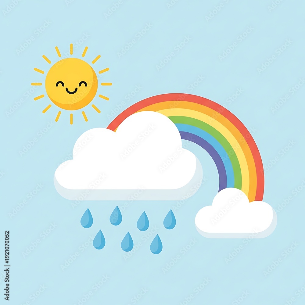 Fototapeta premium A cheerful cartoon sun shines brightly next to a fluffy cloud from which raindrops are falling, with a vibrant rainbow arcing across a clear blue sky.