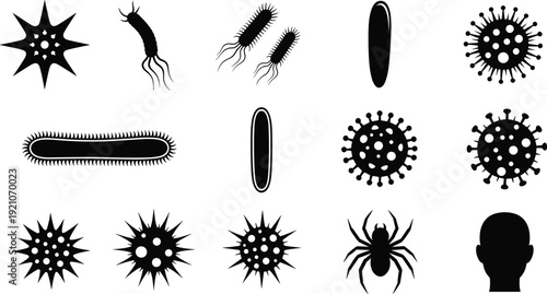 Bacteria and virus silhouette vector set, microscopic germ icons, infectious disease symbols, biology science elements, illness prevention, pandemic, health, medical.