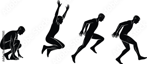 Athlete jumping and sprinting silhouette vector set, sports motion sequence, long jump start, track and field movement, explosive power, exercise.
