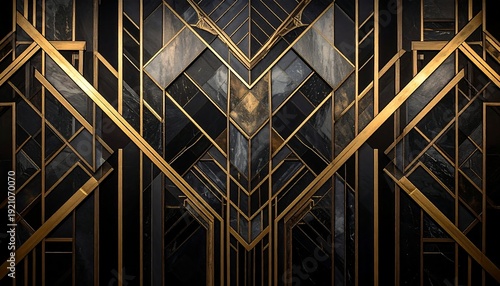 An abstract golden and black geometric art deco pattern background with symmetrical lines and shapes, evoking elegance