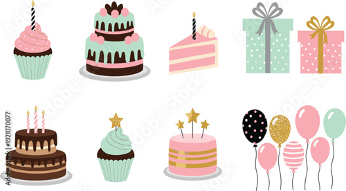 Set of cute birthday celebration elements featuring tiered cakes, cupcakes, gift boxes, and colorful balloons in a flat vector illustration style for party designs.