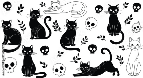 Black and white cat silhouette collection, spooky kitten with skull and leaf elements, gothic pet animal set, vector halloween illustration