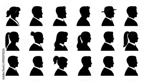 a collection of diverse human profiles in silhouette featuring male and female heads in side view perfect for professional avatars and corporate identity.
