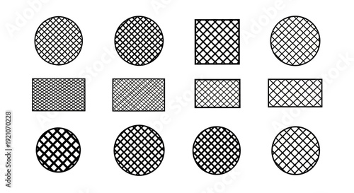 Geometric shapes with various cross hatch patterns on white background black outlines and fill