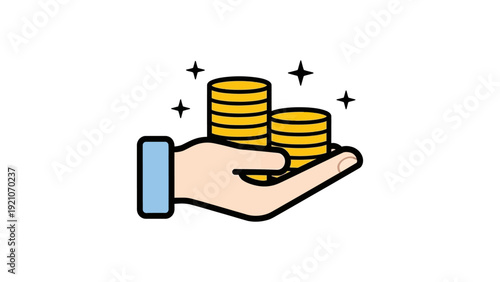 a cartoon hand holding stacked gold coins symbolizing wealth financial growth savings and investment perfect for business graphics.