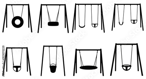 Various swing sets with different swing types on playground equipment black and white icons