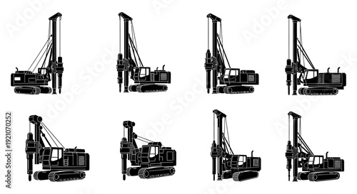 a collection of piling rigs silhouettes illustrating heavy drilling equipment used for foundation construction and industrial engineering projects.