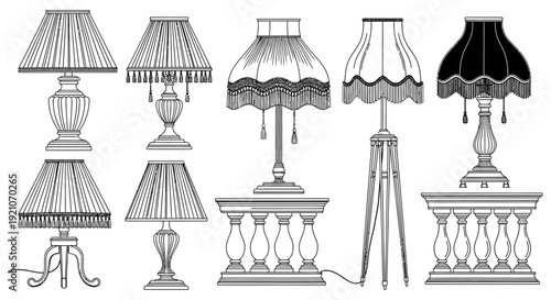 a collection of various intricate vintage lamps and ornate decorative tables classic lighting and elegant home decor illustrations.