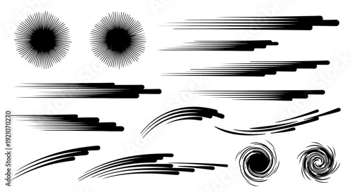a comprehensive collection of dynamic speed lines radial bursts and abstract swirl elements for comic books and graphic design projects.