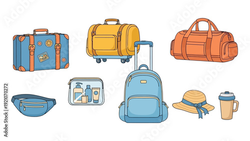 a comprehensive collection of travel luggage and accessories ideal for illustrating vacation planning summer adventures and trip preparation.