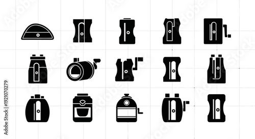 Collection of various coffee maker icons in black and white on grid background