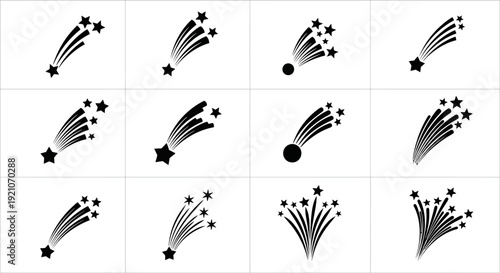Collection of black shooting star and meteor icon sets in various styles and directions on white background for design and decoration