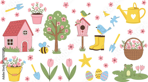 Set of cute spring garden elements featuring a pink house, flowers, gardening tools, birds, and a frog in a flat vector illustration style for seasonal designs.