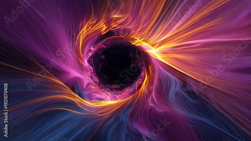 A vibrant, swirling abstract artwork with a central dark void, emitting fiery tendrils