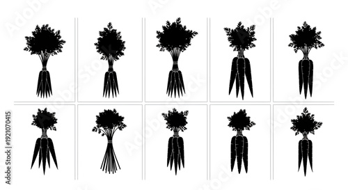 Collection of ten black silhouetted bouquets arranged in a grid pattern on a white background varying in flower and foliage shapes