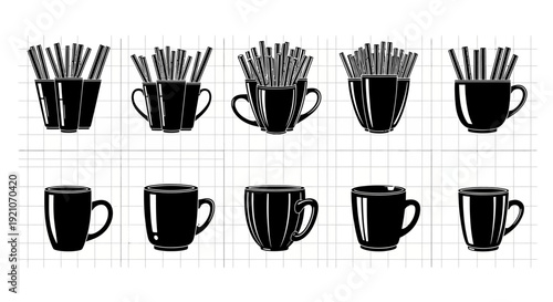 Black coffee cups with and without pencils on a grid background office supplies and stationery