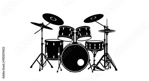Drum set with cymbals and bass drum on stands musical instrument for rhythm and music creation