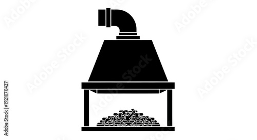 Black silhouette of industrial furnace with chimney and coal pile inside on white background for design and industrial concepts