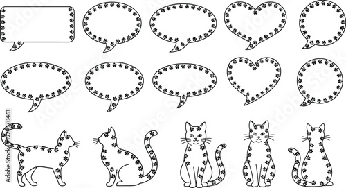 Cat vector set with paw print speech bubbles, cute kitten silhouettes, feline communication icons, pet lover design elements, animal chat.
