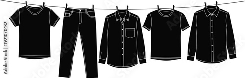 Clothing hanging on clothesline vector silhouette, laundry day drying, shirts and jeans outside, garment care, domestic chore, fashion, laundry.