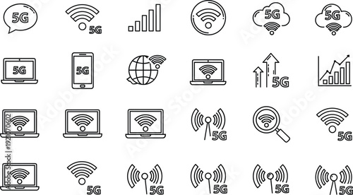 5G Wireless Internet and Connectivity Line Icons Set Mobile Network Technology Vector Illustration