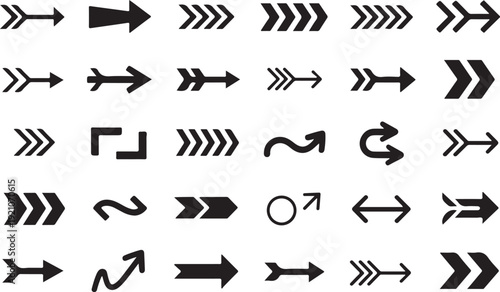 Collection of various black vector arrow icons in different designs and directions on a white background for graphic design elements and navigation symbols