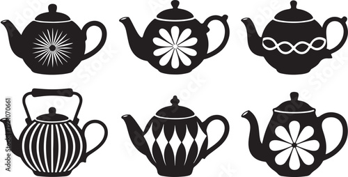 Collection of six decorative teapot silhouettes with various designs showcasing different patterns and styles in a vector graphic illustration