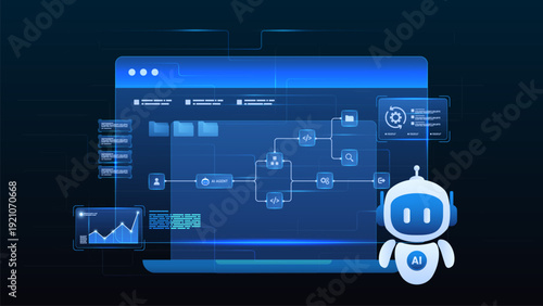 AI workflow automation artificial intelligence. ai agent assistant robot with automation workflow dashboard, analytics charts, and file management system.
