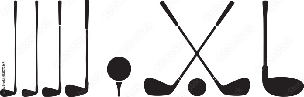 Fototapeta premium Collection of various golf clubs and ball on tee in vector graphic illustration for golf enthusiasts and professionals