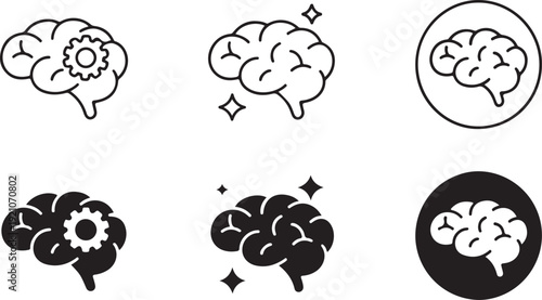 Set of vector graphic brain illustrations showcasing various styles and designs for cognitive concepts and ideas