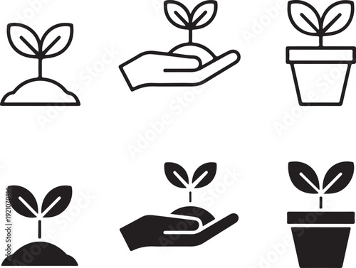 Set of six vector graphic illustrations showing seedlings in different stages and environments including hands and pots
