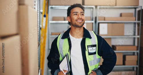 Photos Man, thinking and tablet in warehouse for logistics, quality control or smile for storage efficiency