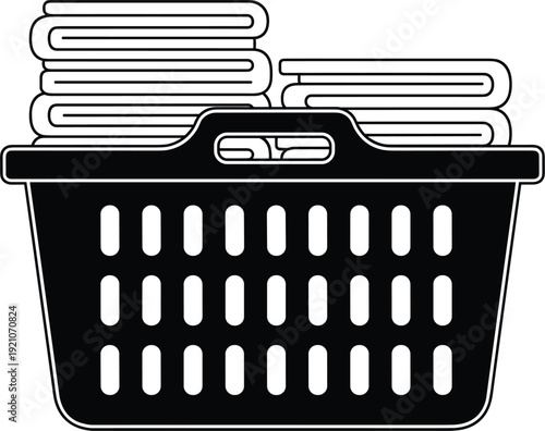 Laundry Basket with Folded Clothes Line Art Icon Household Washing and Cleaning Vector Illustration Isolated