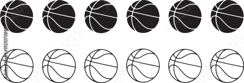 Vector graphic illustration of twelve basketballs arranged in two rows with six black filled basketballs on top and six outlined basketballs below on a white background